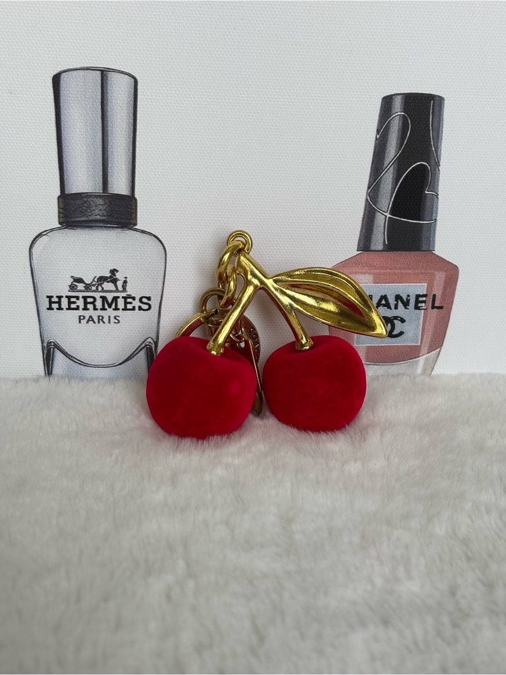 Cherry Charm Keychain - Red Velvet Cherries with Gold Stem